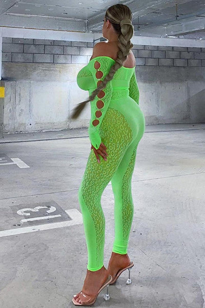 Sexy Neon Green Mesh Front Button Bodysuit - AMIClubwear