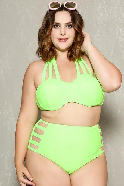 Sexy Neon Green Strappy High Waisted Plus Size Two Piece Swimsuit - AMIClubwear