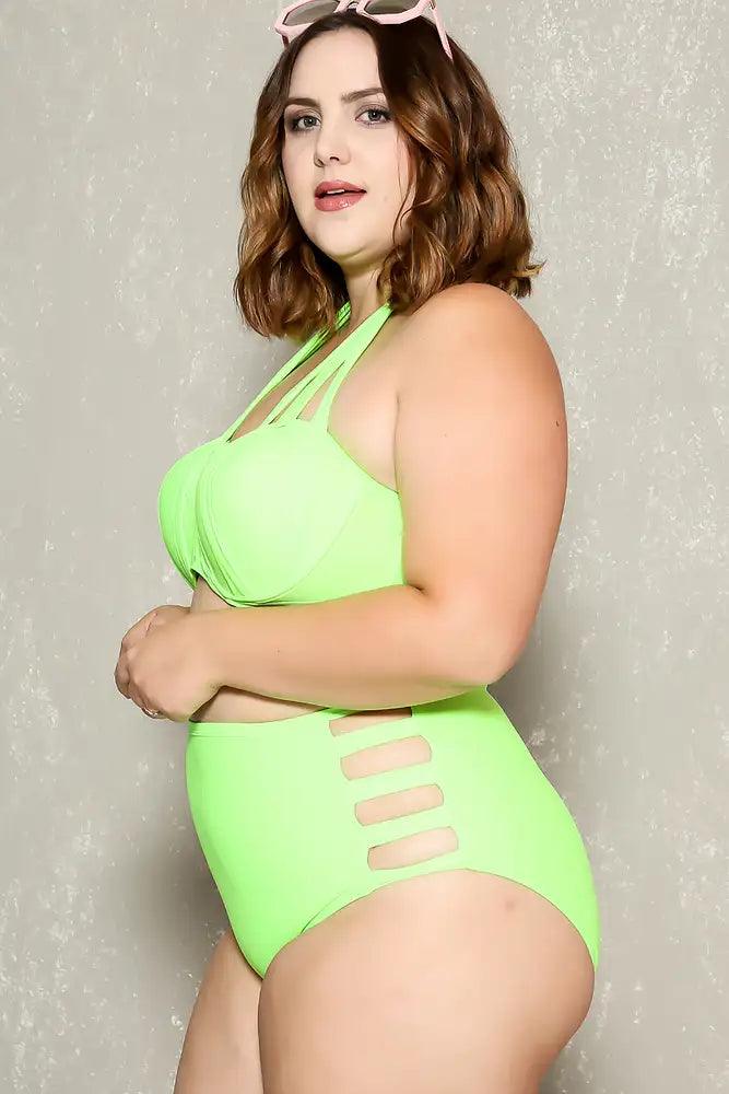 Sexy Neon Green Strappy High Waisted Plus Size Two Piece Swimsuit - AMIClubwear