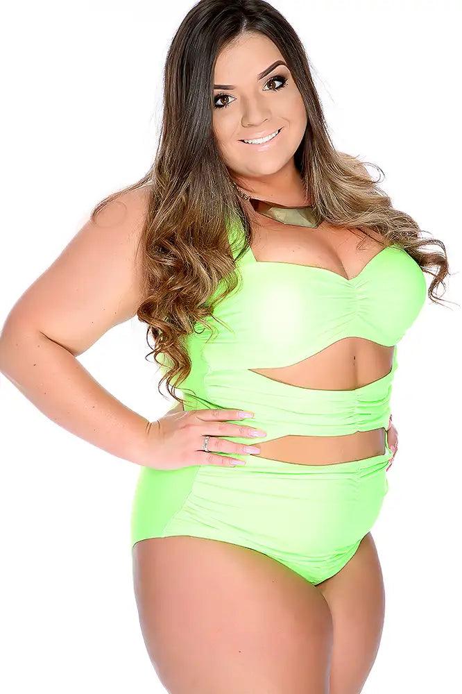 Sexy Neon Lime Cut Out Halter One Piece Swimsuit - AMIClubwear