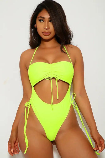 Sexy Neon Lime Ruched One Piece Swimsuit - AMIClubwear