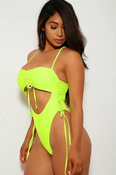 Sexy Neon Lime Ruched One Piece Swimsuit - AMIClubwear
