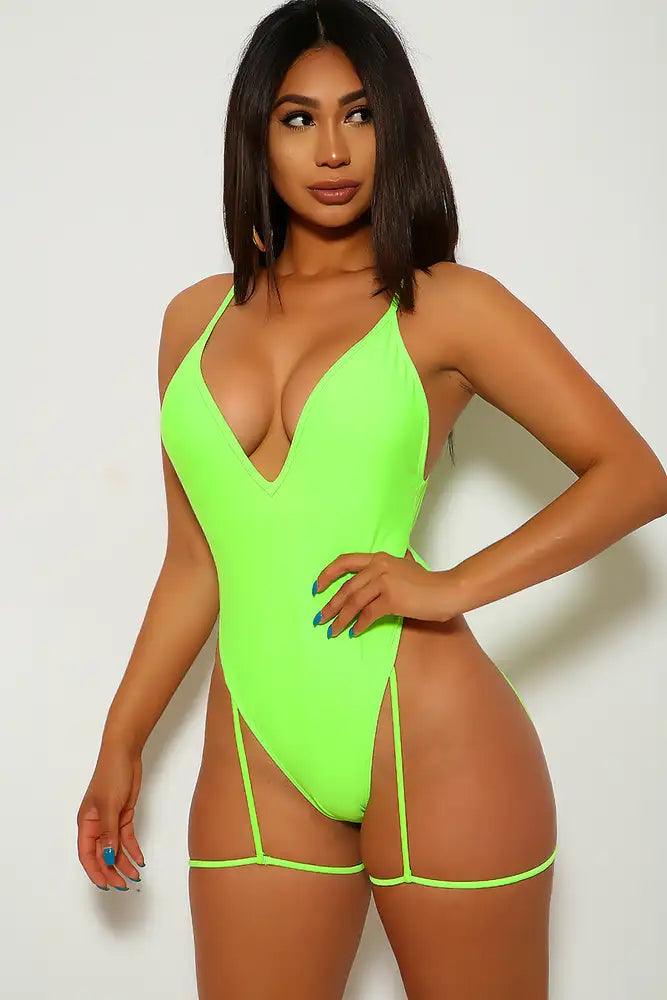 Sexy Neon Lime V-Cut Garter Belt One Piece Swimsuit - AMIClubwear