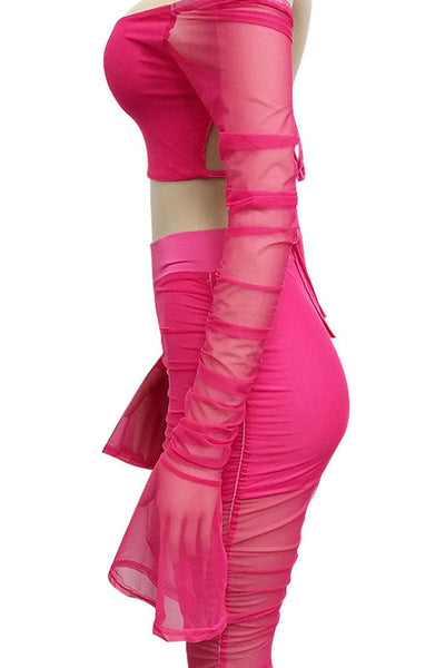 Sexy Neon Pink 2pc Pants Outfit With Long Sleeve Crop Top - AMIClubwear