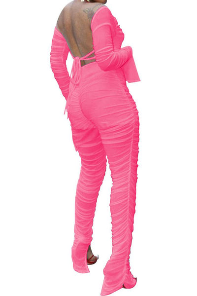 Sexy Neon Pink 2pc Pants Outfit With Long Sleeve Crop Top - AMIClubwear