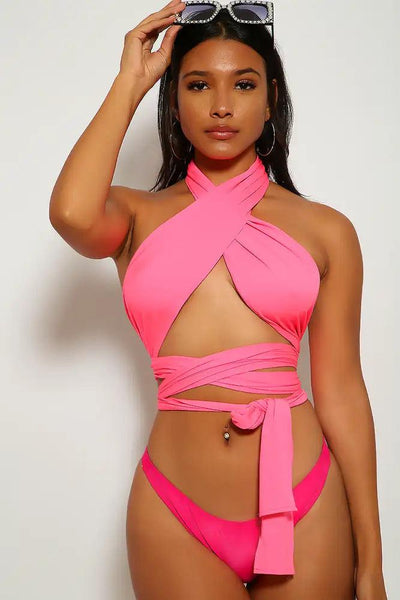 Sexy Neon Pink Fuchsia Versatile Wrap Around Two Piece Swimsuit - AMIClubwear