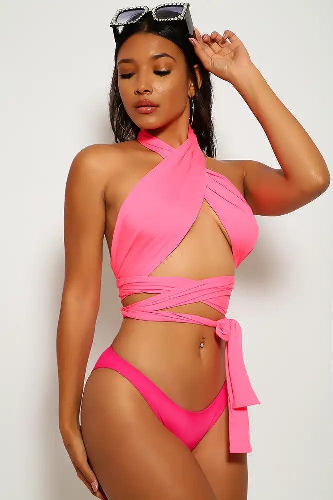 Sexy Neon Pink Fuchsia Versatile Wrap Around Two Piece Swimsuit - AMIClubwear