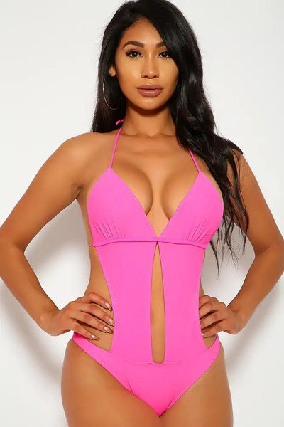Sexy Neon Pink Halter Cut Out One Piece Monokini Swimsuit - AMIClubwear