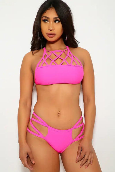 Sexy Neon Pink Halter Strappy Two Piece Swim Suit - AMIClubwear