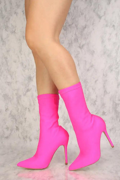 Sexy Neon Pink Pointy Toe High Heel Mid Calf Booties Lycra - AMIClubwear