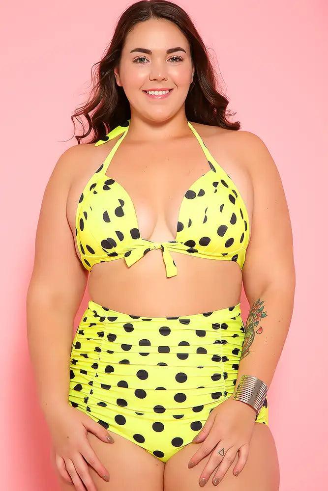 Sexy Neon Yellow Black Printed Padded Two Piece High Waist Plus Size Swimsuit - AMIClubwear