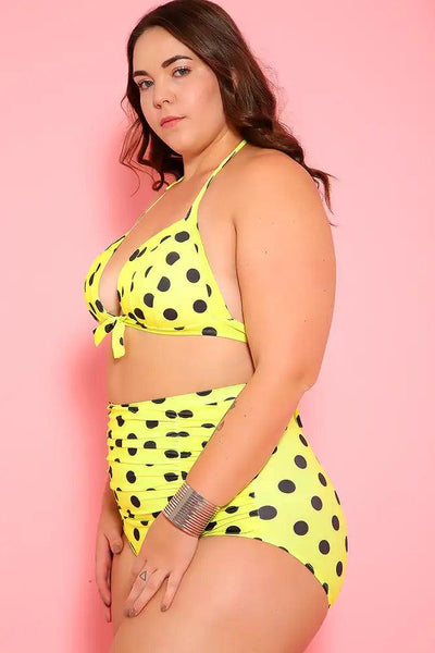 Sexy Neon Yellow Black Printed Padded Two Piece High Waist Plus Size Swimsuit - AMIClubwear