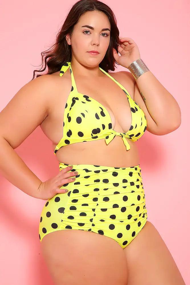 Sexy Neon Yellow Black Printed Padded Two Piece High Waist Plus Size Swimsuit - AMIClubwear