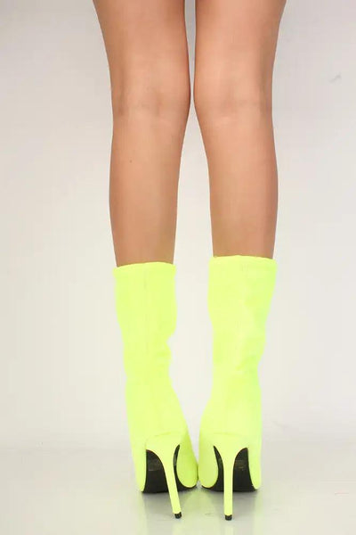 Sexy Neon Yellow Pointy Toe Mid Calf High Heel Booties Velvet - AMIClubwear