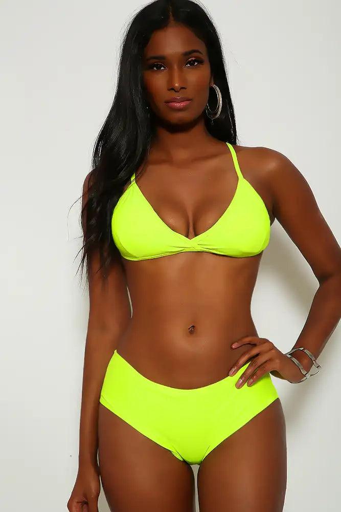 Sexy Neon Yellow Strappy Two Piece Swimsuit - AMIClubwear