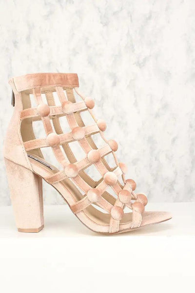 Sexy Nude Caged Open Toe Chunky High Heels Velvet - AMIClubwear