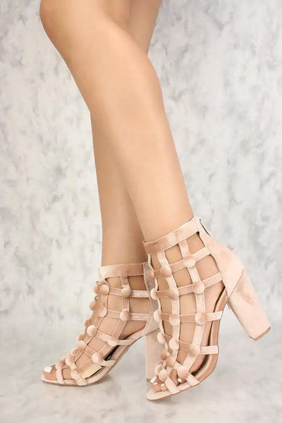 Sexy Nude Caged Open Toe Chunky High Heels Velvet - AMIClubwear