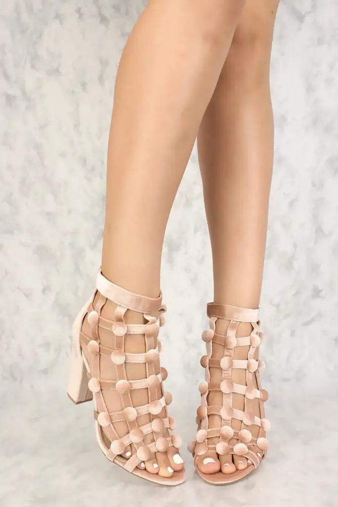 Sexy Nude Caged Open Toe Chunky High Heels Velvet - AMIClubwear