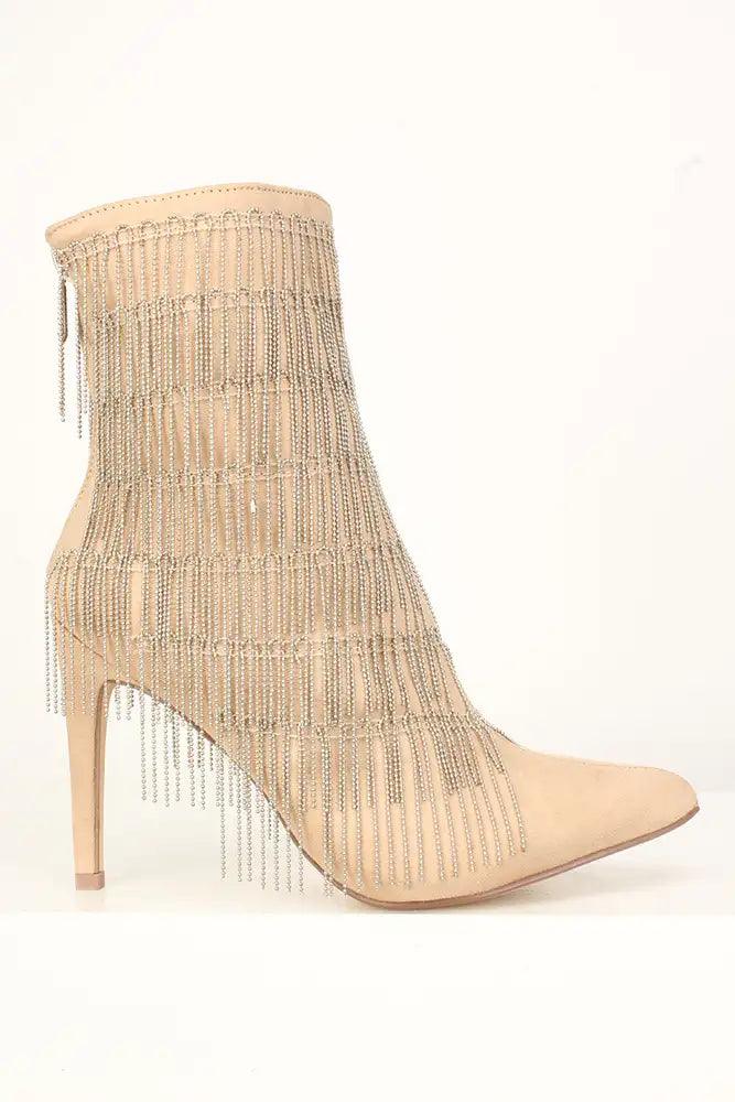 Sexy Nude Chain Fringe High Heels Booties Faux Suede - AMIClubwear