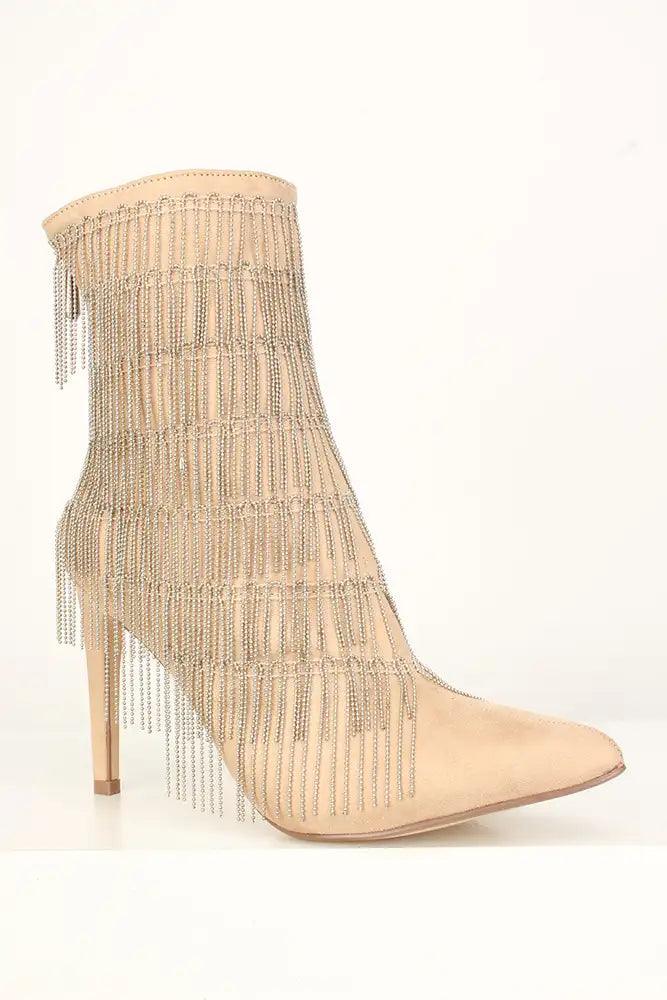 Sexy Nude Chain Fringe High Heels Booties Faux Suede - AMIClubwear