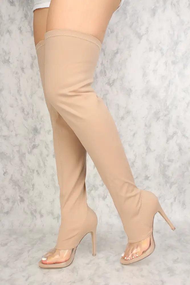 Sexy Nude Clear Peep Toe Thigh High Heel Boots Lycra - AMIClubwear