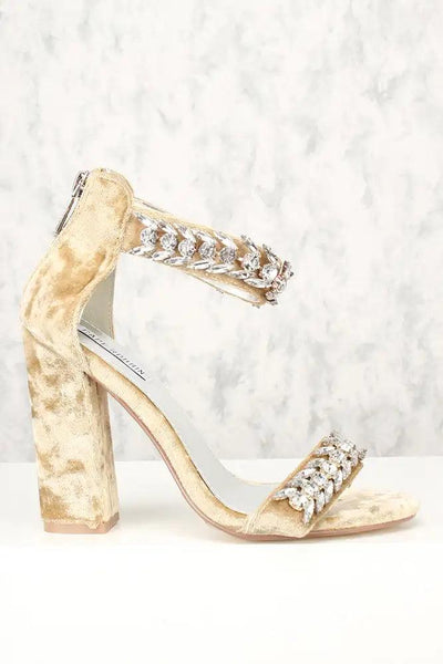 Sexy Nude Gemstone Accent Ankle Strap Chunky Heel Single Soles - AMIClubwear