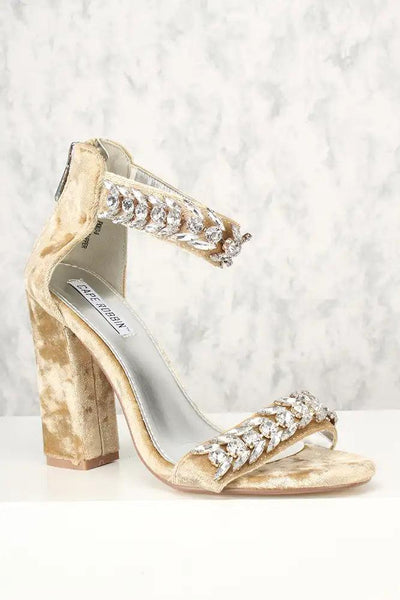 Sexy Nude Gemstone Accent Ankle Strap Chunky Heel Single Soles - AMIClubwear