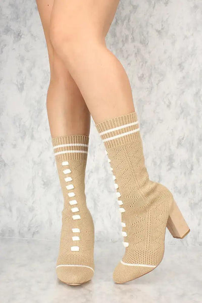 Sexy Nude Knit Stripe Pattern Chunky Heel Sock Booties - AMIClubwear