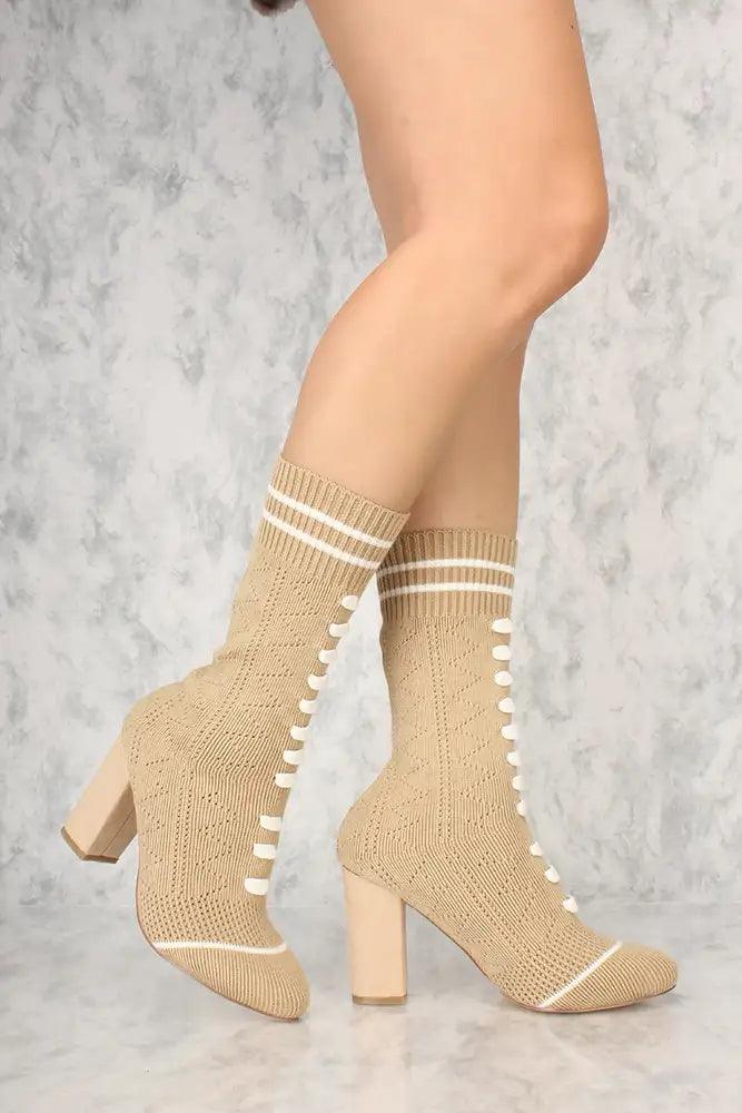 Sexy Nude Knit Stripe Pattern Chunky Heel Sock Booties - AMIClubwear