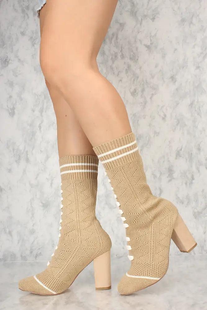 Sexy Nude Knit Stripe Pattern Chunky Heel Sock Booties - AMIClubwear