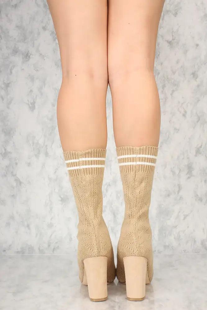 Sexy Nude Knit Stripe Pattern Chunky Heel Sock Booties - AMIClubwear