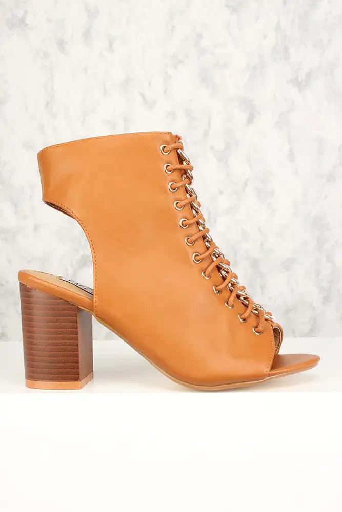 Sexy Nude Lace Up Chunky Heel Booties Faux Leather - AMIClubwear