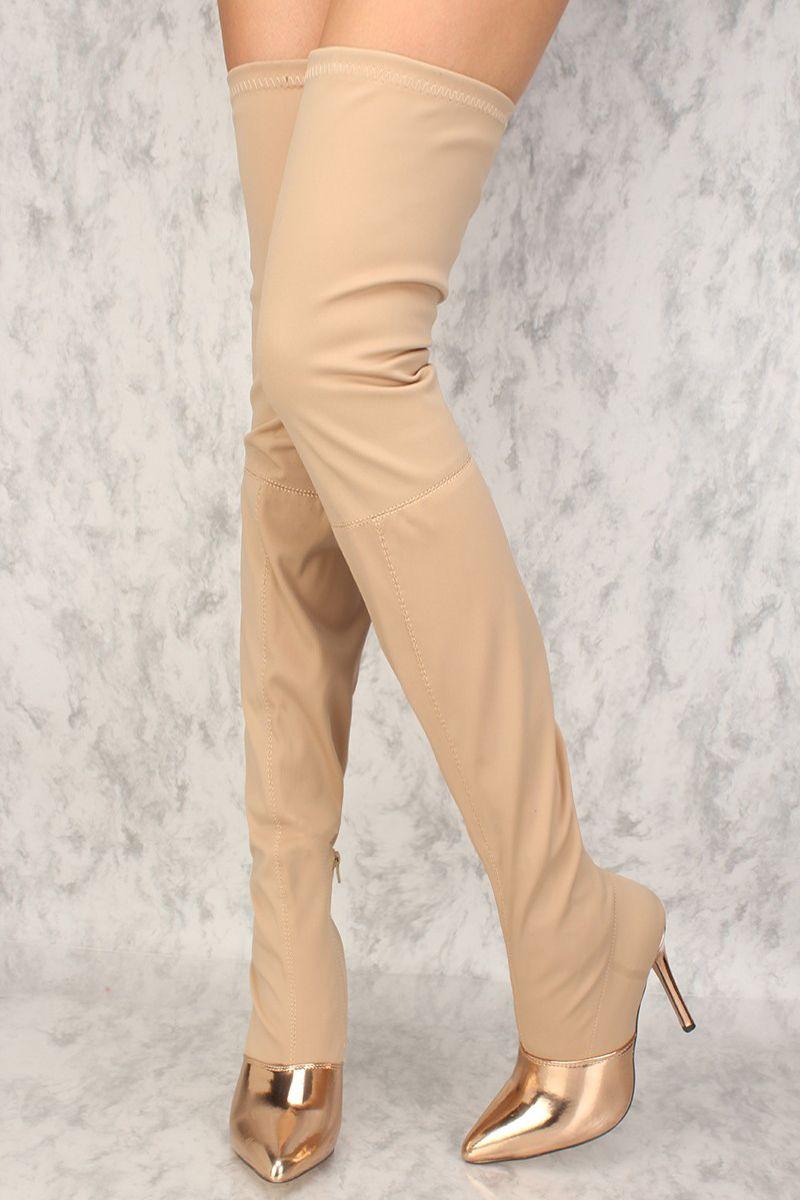 Sexy Nude Mirror Pointy Toe Thigh High Heel Boots Lycra - AMIClubwear