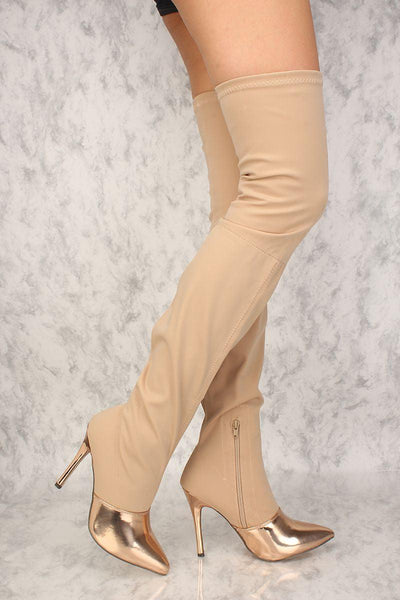 Sexy Nude Mirror Pointy Toe Thigh High Heel Boots Lycra - AMIClubwear