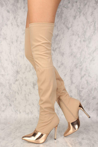 Sexy Nude Mirror Pointy Toe Thigh High Heel Boots Lycra - AMIClubwear