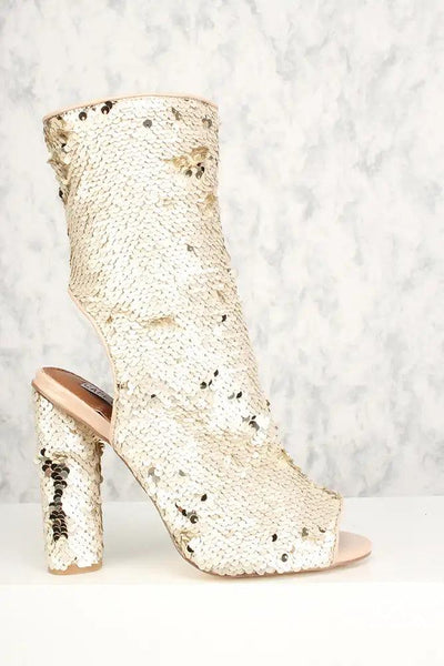 Sexy Nude Peep Toe Chunky Heel Mid Calf Booties Sequin - AMIClubwear