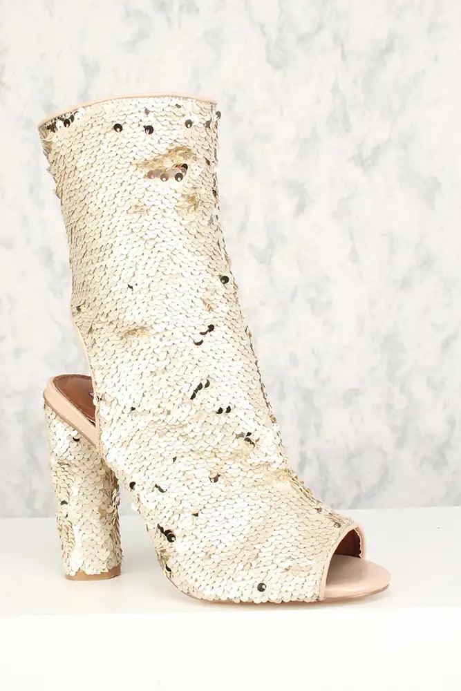 Sexy Nude Peep Toe Chunky Heel Mid Calf Booties Sequin - AMIClubwear