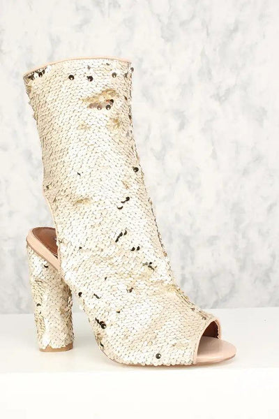 Sexy Nude Peep Toe Chunky Heel Mid Calf Booties Sequin - AMIClubwear