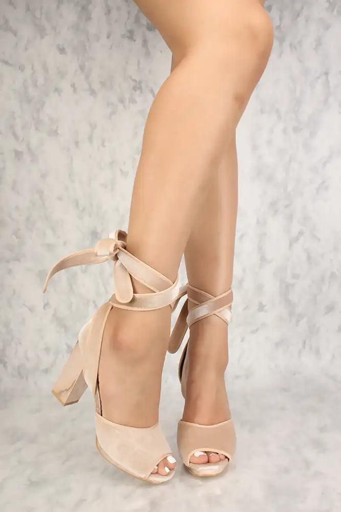 Sexy Nude Peep Toe Mirrored Platform Chunky High Heels Velvet - AMIClubwear