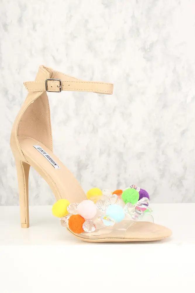 Sexy Nude Pom Pom Rhinestone Open Toe High Heels Faux Suede - AMIClubwear