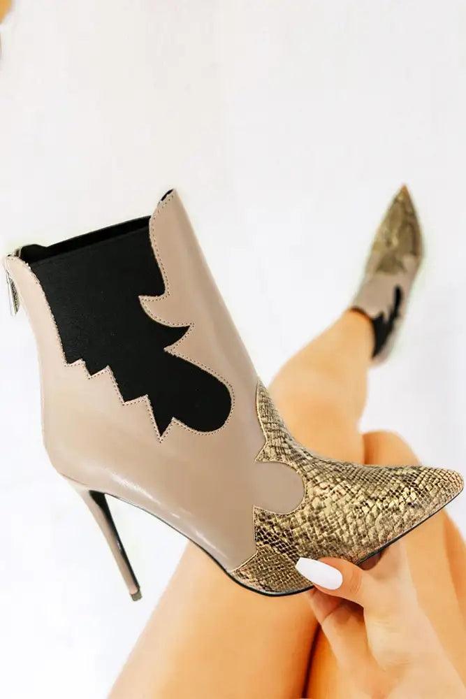 Sexy Nude Reptile Pointy Toe Booties - AMIClubwear