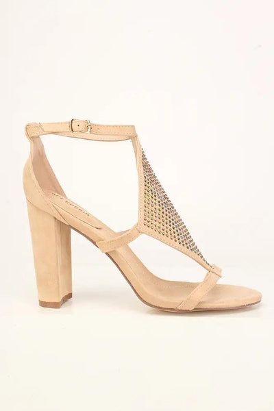 Sexy Nude Rhinestone Cut Out Open Toe Chunky High Heels Faux Suede - AMIClubwear