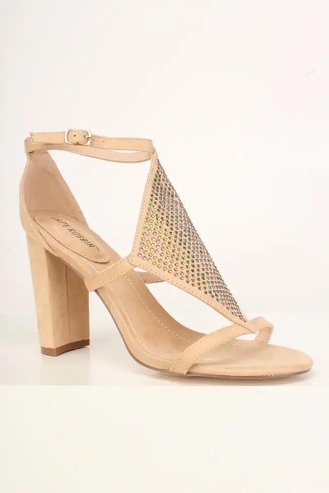 Sexy Nude Rhinestone Cut Out Open Toe Chunky High Heels Faux Suede - AMIClubwear