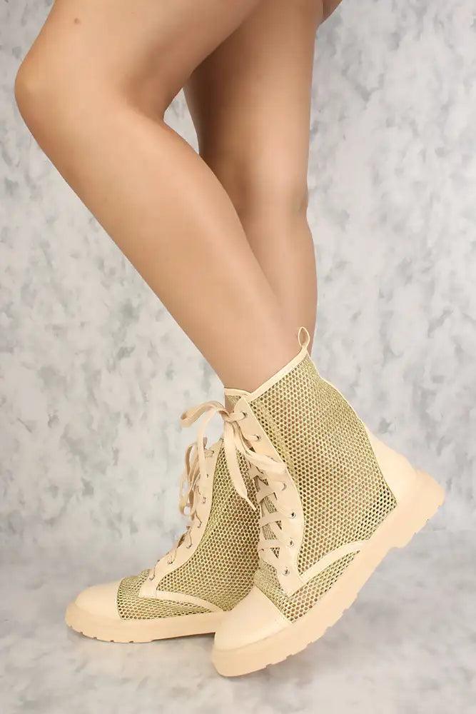 Sexy Nude Shimmer Netted Lace Up High Top Combat Boots Patent - AMIClubwear