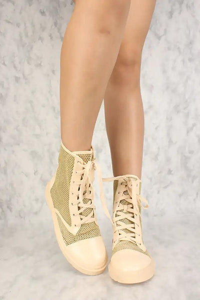 Sexy Nude Shimmer Netted Lace Up High Top Combat Boots Patent - AMIClubwear