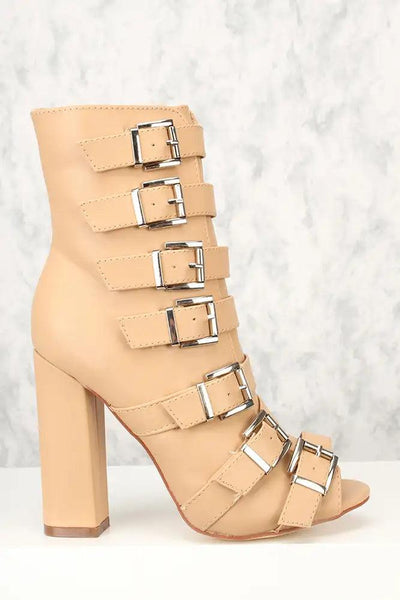 Sexy Nude Strappy Open Toe Chunky Heels Mid Calf Booties - AMIClubwear