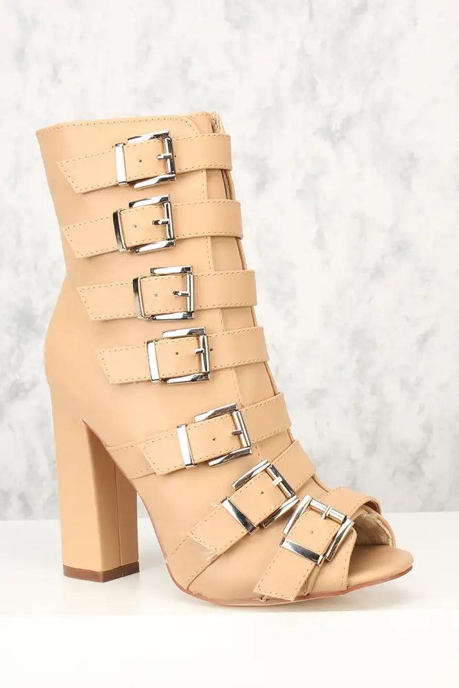 Sexy Nude Strappy Open Toe Chunky Heels Mid Calf Booties - AMIClubwear