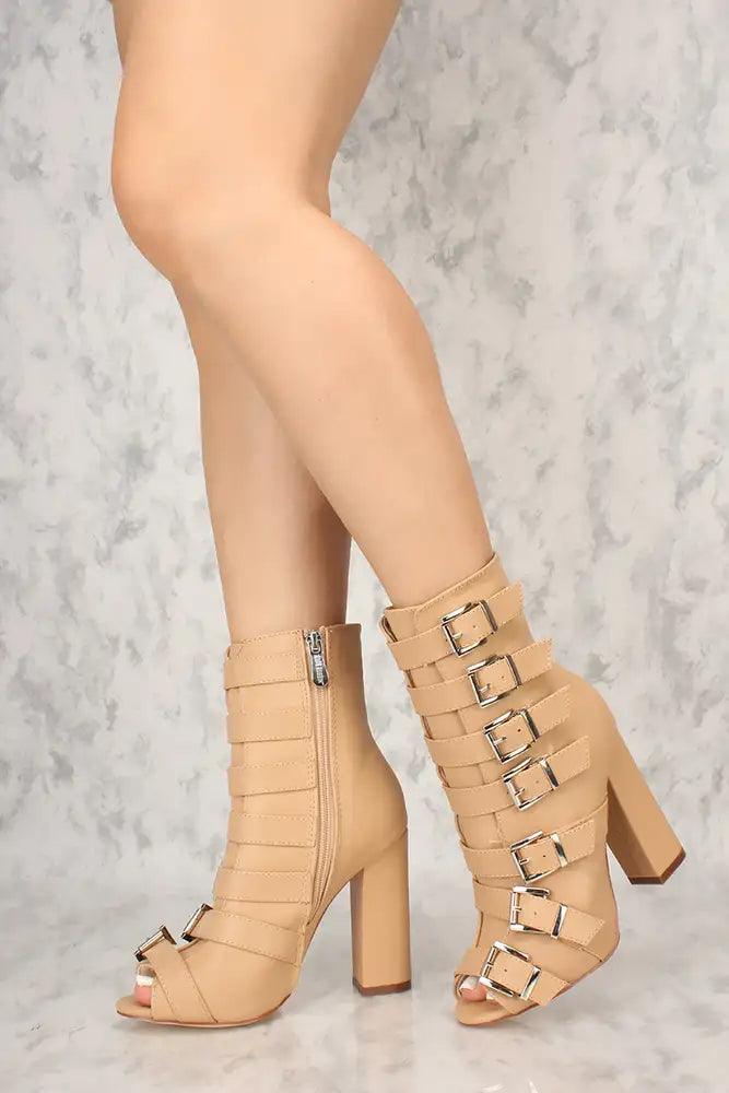 Sexy Nude Strappy Open Toe Chunky Heels Mid Calf Booties - AMIClubwear