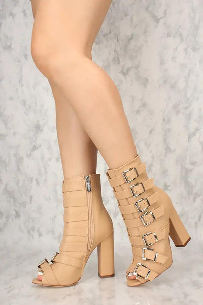 Sexy Nude Strappy Open Toe Chunky Heels Mid Calf Booties - AMIClubwear