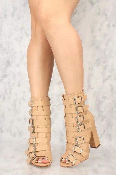 Sexy Nude Strappy Open Toe Chunky Heels Mid Calf Booties - AMIClubwear